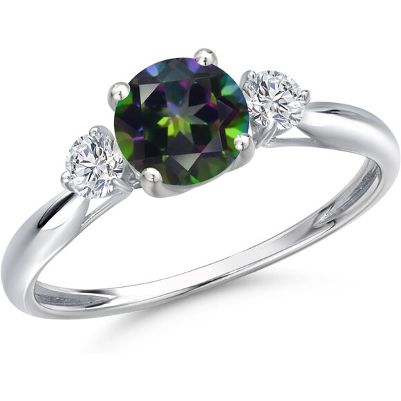 10K White Gold Green Mystic Topaz and Lab Grown Diamond 3-Stone Ring For Women